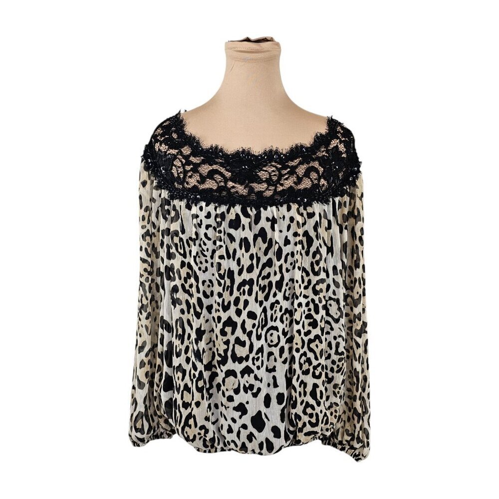 Joseph Ribkoff Leopard Print Bedazzled Jewel Long Sleeve Top Sz 12